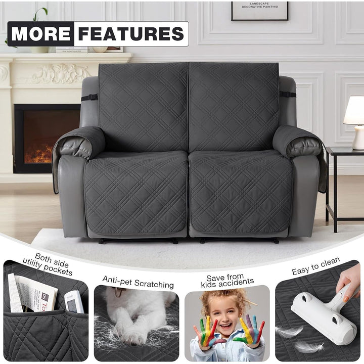 100% Waterproof Loveseat Recliner Cover, Non Slip Split Recliner Couch Cover with Elastic Straps, Washable Reclining Sofa Cover Furniture Protector for Kids, Pets(2 Seater, Dark Gray)