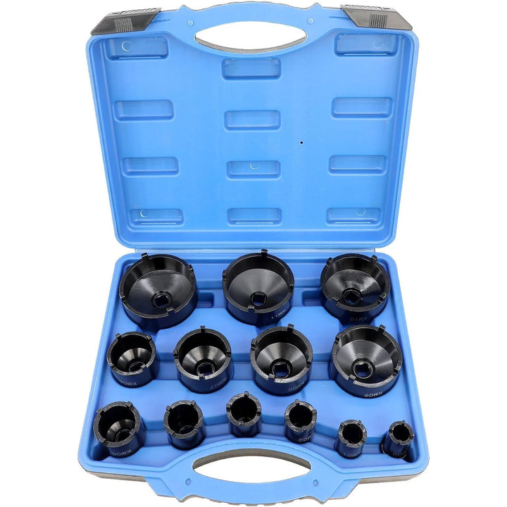 13pc Spindle Nuts Socket Kit Ball Joints Axle Locknut Remove Install Locking Hub Socket for KM Groove Nuts, 4 Teeth Exterior with 1/2'' 21.5mm 25mm 30mm 32.5mm 36mm 43mm 48.5mm 57mm 62.5mm 69mm 76mm