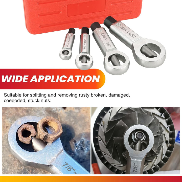 4PCS Metal Nut Splitter Set Heavy Duty Nut Splitter Kit Splitter Breaker Manual Pressure Nut Cracker Remover Extractor Tool Corroded Stuck Screw Nut Removal Splitting Tools