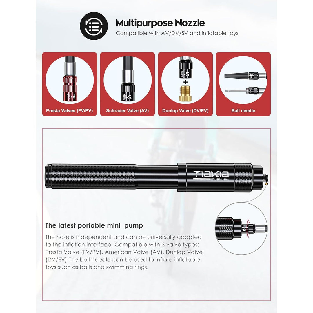 Tiakia Mini Bike Pump Portable Bicycle Pump Compact High Pressure Frame Pump 260PSI- Air Hand Pump Fit Presta, Schrader & Woods Valves,Aluminum Alloy Durable Tire Pump for Road/Mountain/BMX Bikes
