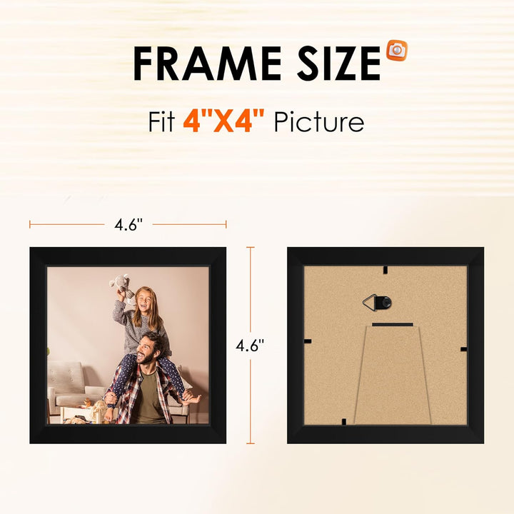 4x4 Picture Frame Set of 4, 4x4 Photo Frames with HD Plexiglass for Wall Hanging or Tabletop Display, Black