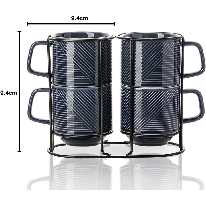 Stackable Coffee Mugs with Rack: 13 oz Stacking Ceramic Cups with Stand - Porcelain Stacked Tea Mug Set of 4 (Navy)
