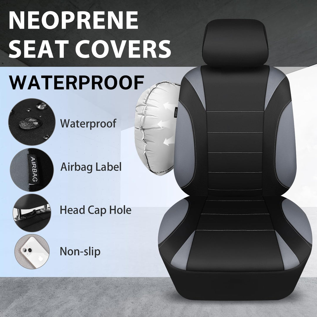 Neoprene 6PCS Waterproof Two Front seat car seat Covers Set- Universal fit for Vehicles, Car with 5mm Composite Sponge Inside, Airbag Compatible ( Black and Gray)