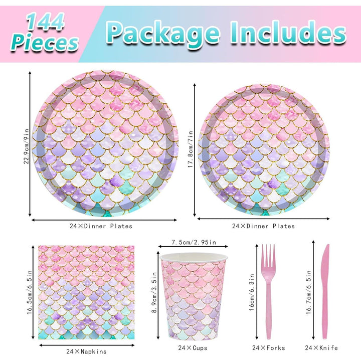 144PCS Mermaid Party Tableware Set Mermaid Birthday Party Supplies Sea-Maiden Plates Napkins Cups Forks Sea-Maiden Party Decorations Birthday Bridal Shower Baby Shower Decoration Serves 24