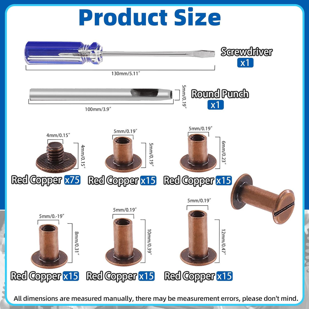 150 Sets Red Bronze Chicago Screws Assorted Kit - M5 x 5mm, 6mm, 8mm, 10mm, 12mm Rivets and 4x4mm Flat Head Stud Screw - Nail Rivet Button Screw Posts Metal Accessories (Red Bronze)
