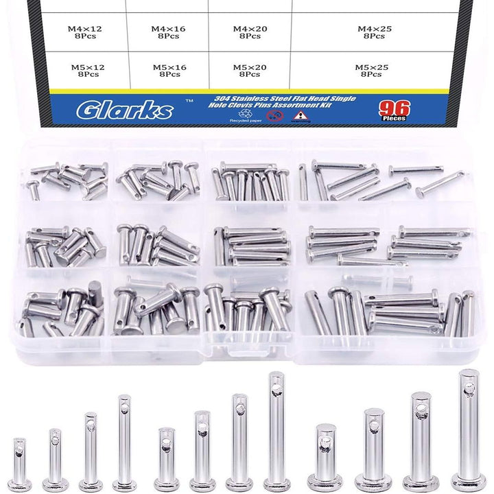 96Pcs 12 Sizes 304 Stainless Steel Flat Head Single Hole Clevis Pins Assortment Kit
