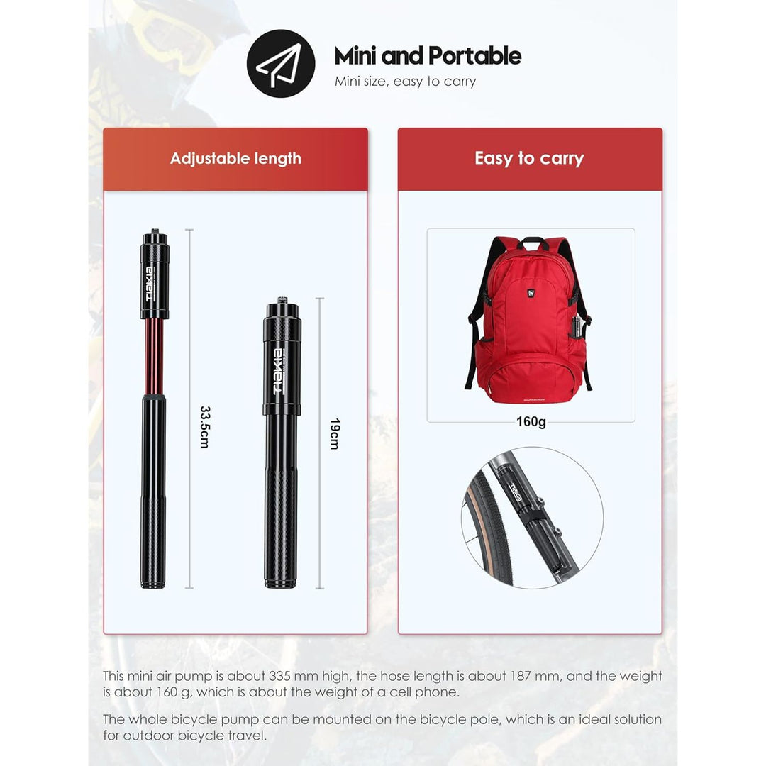 Tiakia Mini Bike Pump Portable Bicycle Pump Compact High Pressure Frame Pump 260PSI- Air Hand Pump Fit Presta, Schrader & Woods Valves,Aluminum Alloy Durable Tire Pump for Road/Mountain/BMX Bikes