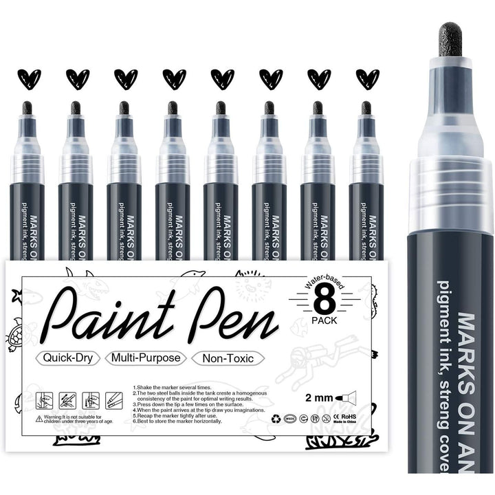 Black Acrylic Paint Markers: 8 Pack Black Paint pen, Acrylic Black Paint Marker for Rock Painting, Stone, Wood, Glass, Metallic, Ceramic, Graffiti, Paper, Drawing, Water-Based Paint pens Sets
