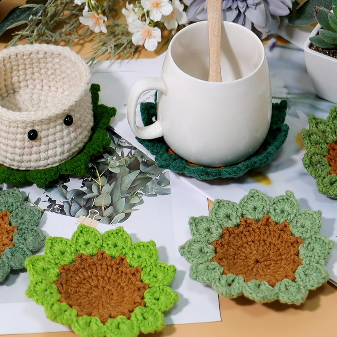 Crochet Kit for Beginners, 6PCS Crochet Coasters Kit, Flower Potted Plant Crochet Kit with Crochet Hook, Colorful Yarn, Stitch Marker, Instruction, Craft Lover DIY Material Tools(Green)