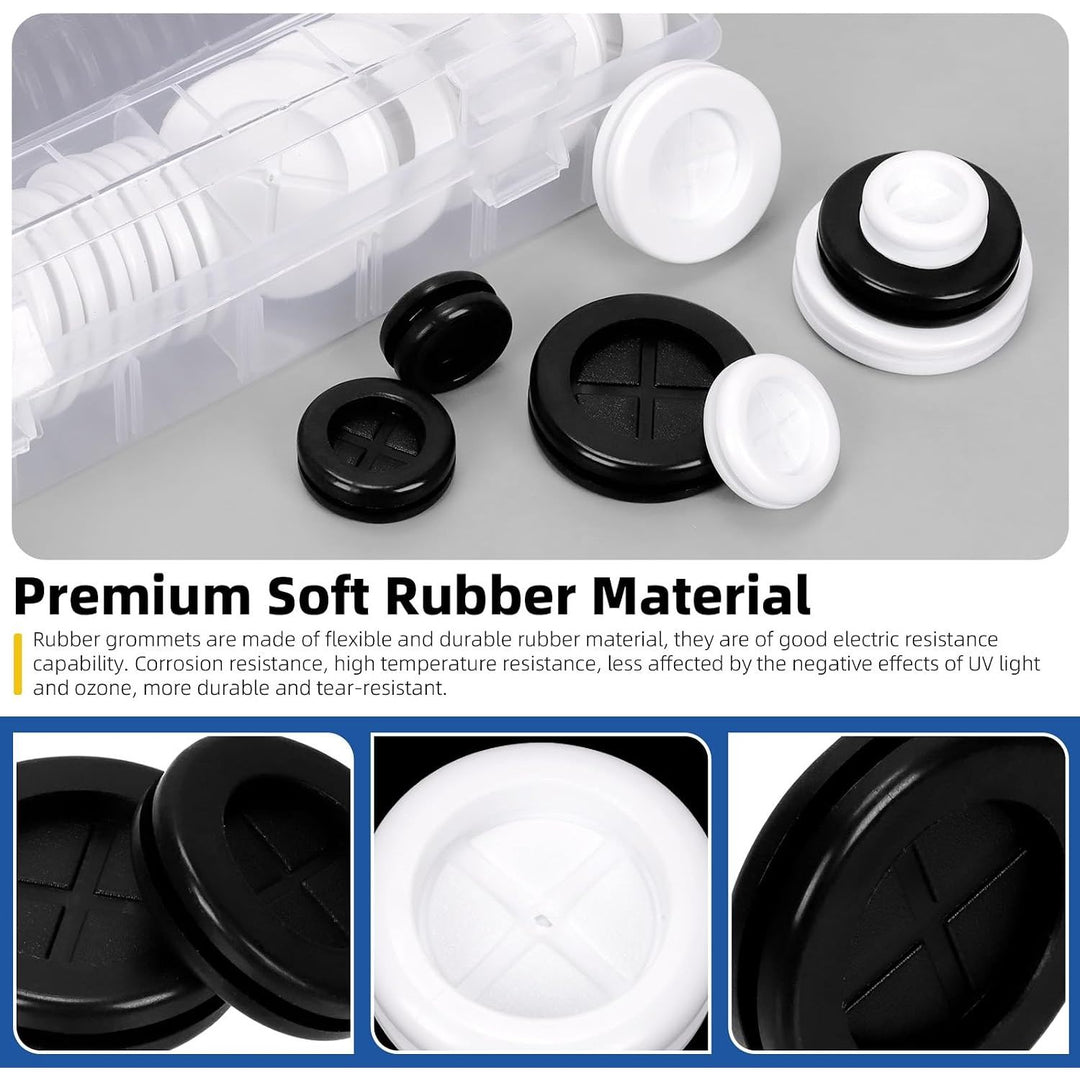 76pcs 5/8"(16mm) 13/16"(20mm) 1"(25mm) 1-3/16"(30mm) Black and White Rubber Grommet Set, Double Sided Round Rubber Hole Plugs Closed Firewall Hole Plug Rubber Gasket for Wire Protection