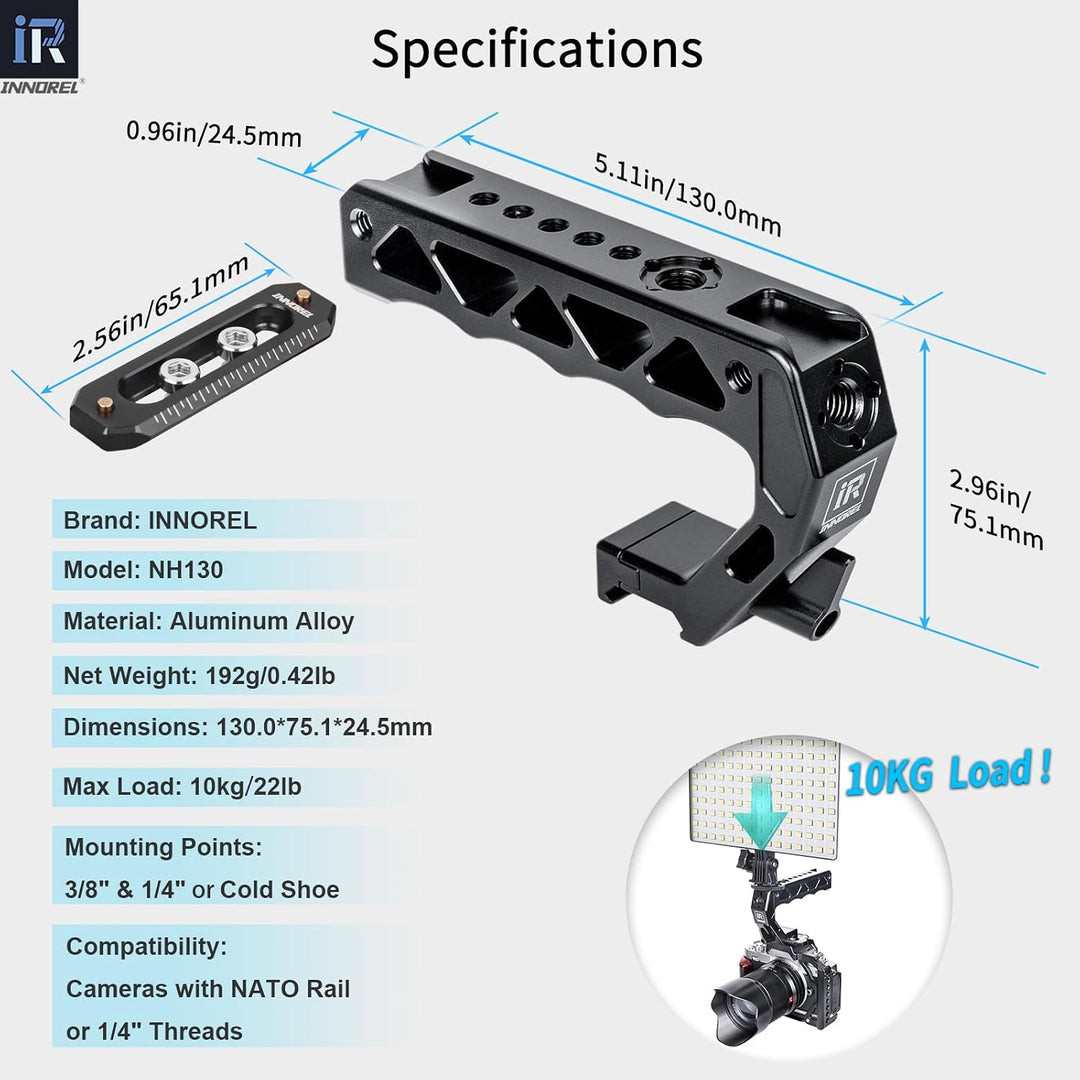 NH130 Top Handle and NATO Rail Kit, Comfort Ergonomic CNC Aluminum Alloy Grip, with Quick Release NATO Clamp, 3 Cold Shoes and 1/4" 3/8" ARRI Threads, for Camera Cage Video Rig, Max Load 10kg
