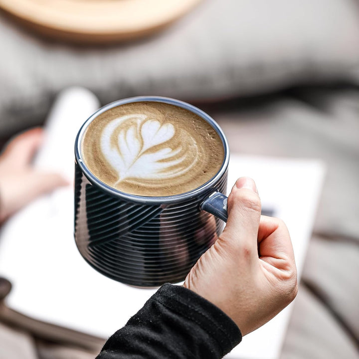 Stackable Coffee Mugs with Rack: 13 oz Stacking Ceramic Cups with Stand - Porcelain Stacked Tea Mug Set of 4 (Navy)
