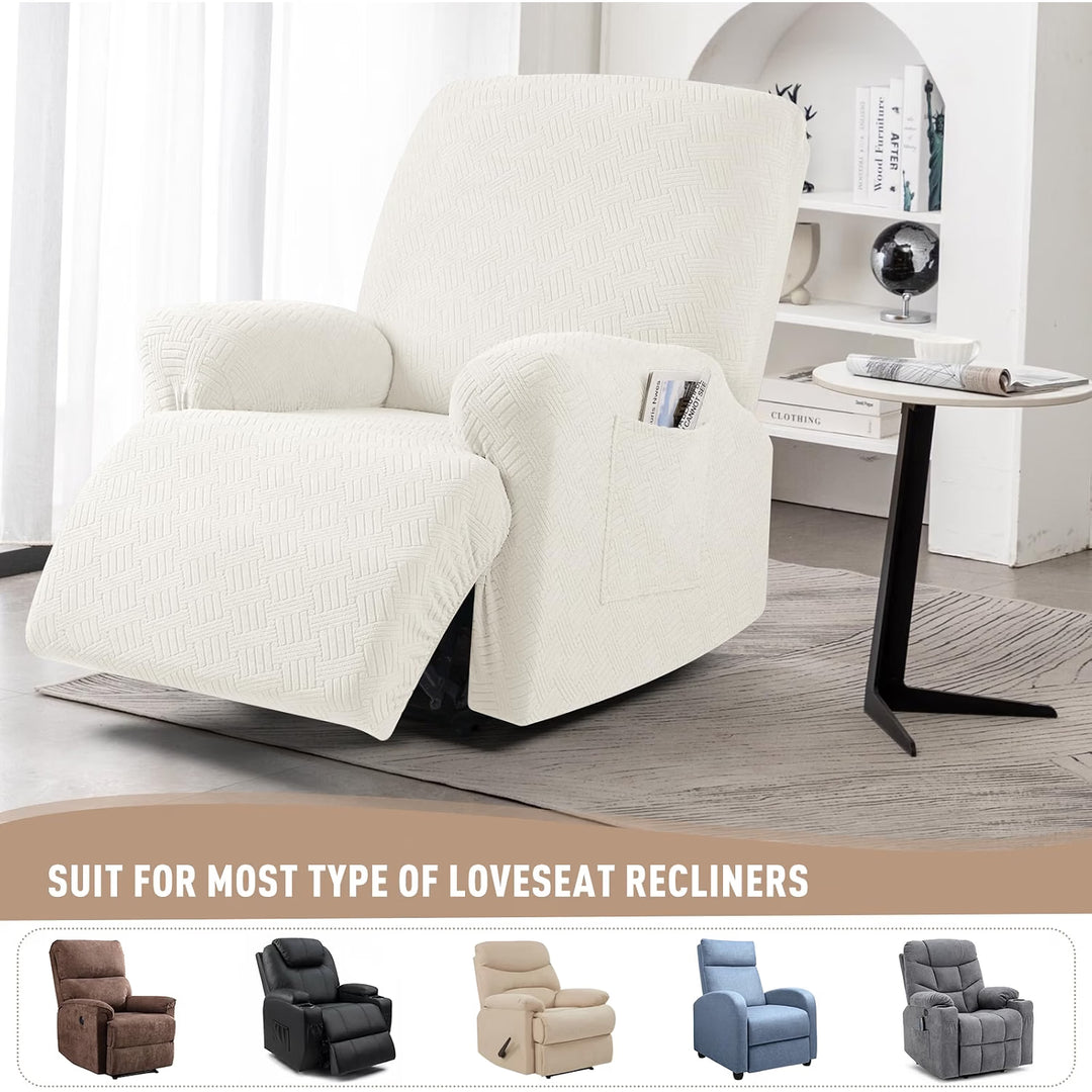 Recliner Chair Covers, Stretch Reclining Cover, Cream 1 Seat Jacquard Soft Recliner Slipcovers, Washable Recliner Couch Covers, Furniture Protector Covers with Pocket for Pet Kid