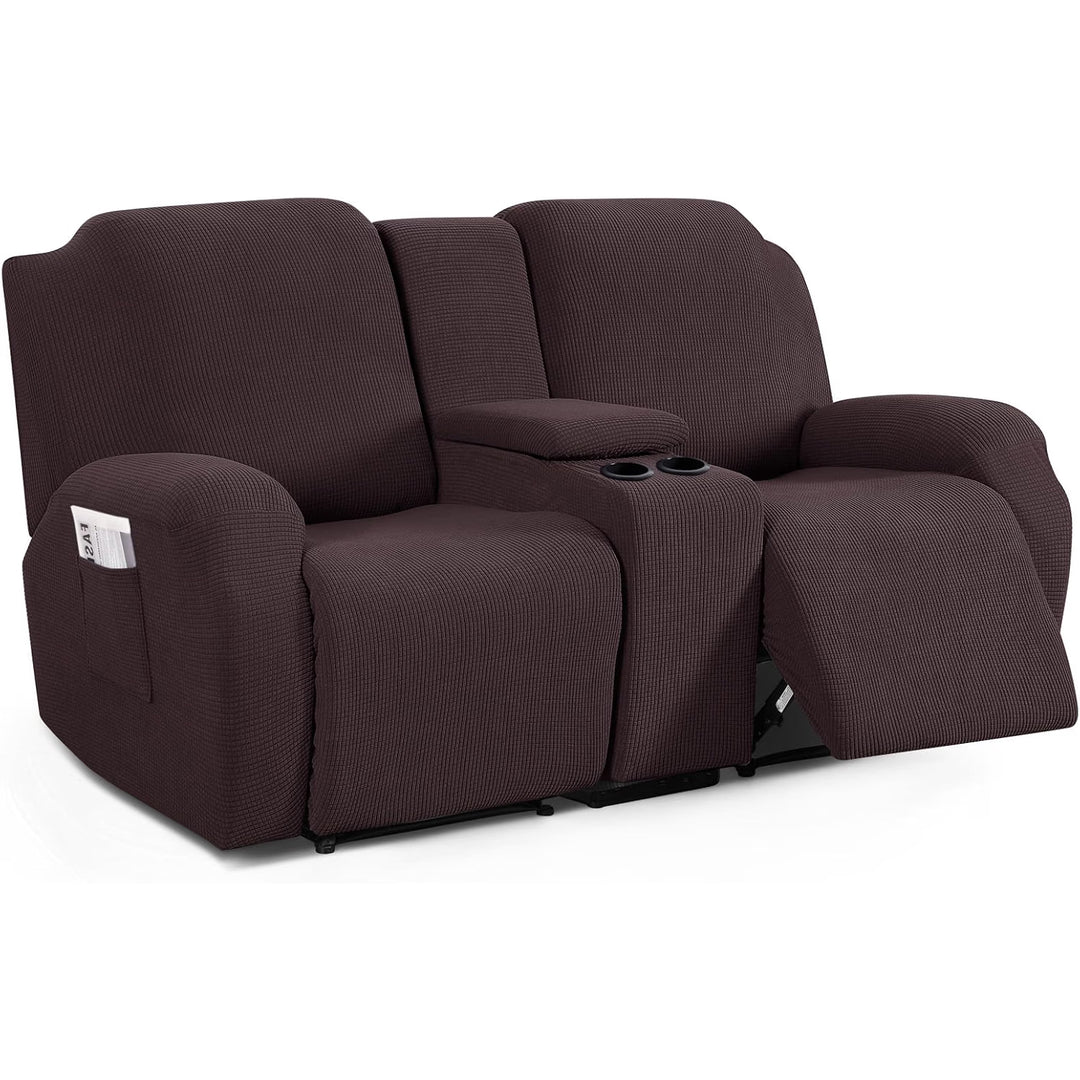 Loveseat Recliner Cover with Middle Console, Stretch Reclining Sofa Covers for 2 Seat Reclining Couch, Jacquard Pattern Soft Loveseat Couch Slipcover Furniture Protector, Chocolate