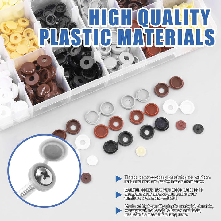 800Pcs 2 Styles 5 Colors Screw Cap Covers Assortment Kit, 300Pcs 4mm 5mm 6mm Hinged Screw Cover Caps Fold Screw Snap Covers Washer Flip Tops and 500Pcs Phillips Screws Head Hole Cap Covers Set