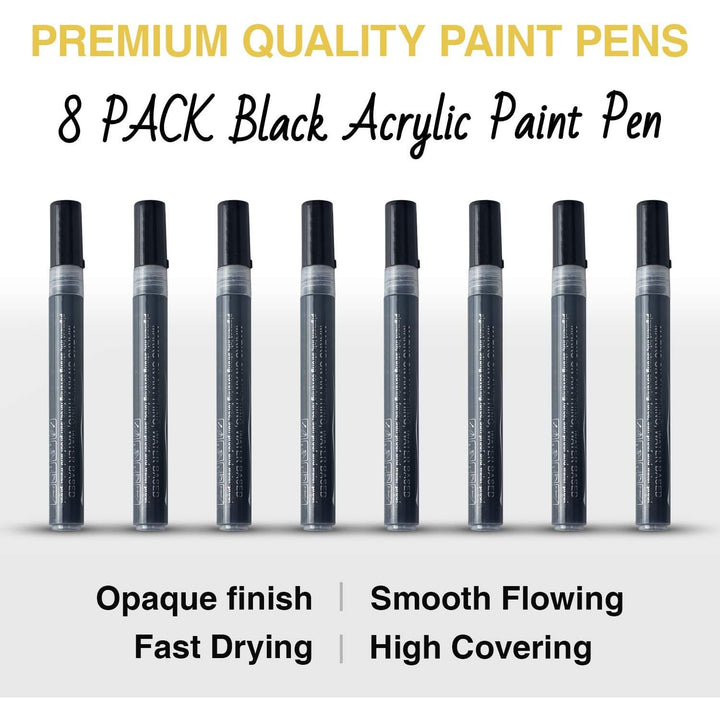 Black Acrylic Paint Markers: 8 Pack Black Paint pen, Acrylic Black Paint Marker for Rock Painting, Stone, Wood, Glass, Metallic, Ceramic, Graffiti, Paper, Drawing, Water-Based Paint pens Sets