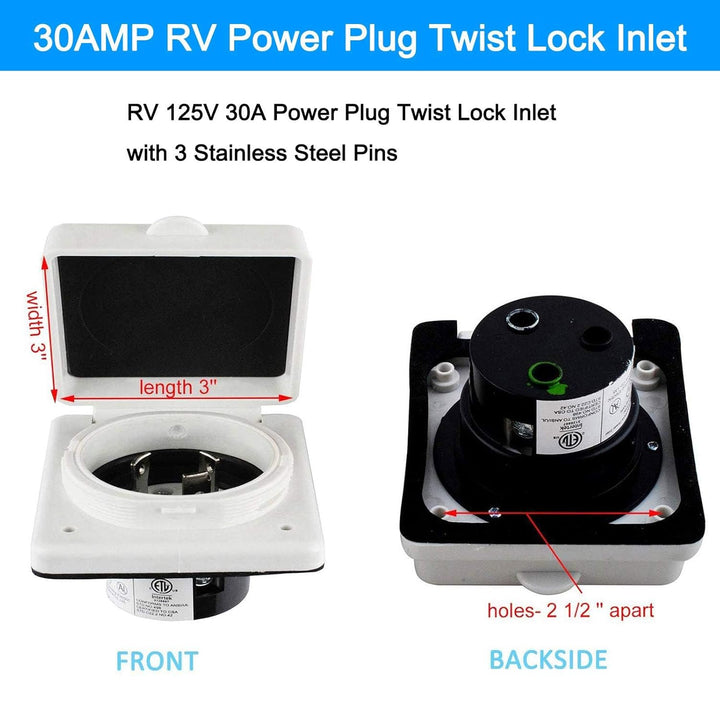 30AMP RV Power Inlet Receptacle, 125V RV Power Plug Twist Lock Inlet, RV Power Female Twist Locking Connector with Weatherproof Cover Boot for Trailer Boat Camper, RV Shore Power Inlet Plug Kit
