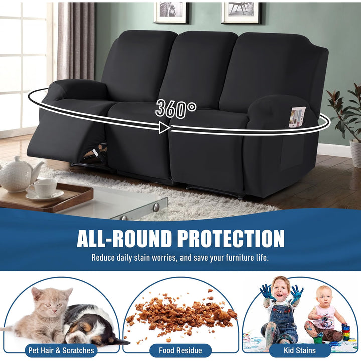 Recliner Sofa Slipcover, 3 Pieces Polyester Fabric Stretch Sofa Covers for 3 Seat Reclining Couch, Soft Washable Furniture Protector with Pockets (3 Seat, Black)