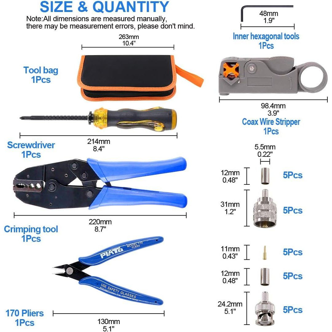 Coaxial Cable Tool Set, Coax RF Connector Crimping Tool + Coaxial Cable Stripper + BNC/UHF Crimp Male Connectors + Wire Cutter + Screw Driver for RG58, RG59, RG62, RG174 (Blue Coloured Casing)