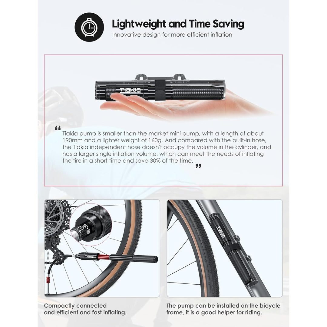 Tiakia Mini Bike Pump Portable Bicycle Pump Compact High Pressure Frame Pump 260PSI- Air Hand Pump Fit Presta, Schrader & Woods Valves,Aluminum Alloy Durable Tire Pump for Road/Mountain/BMX Bikes