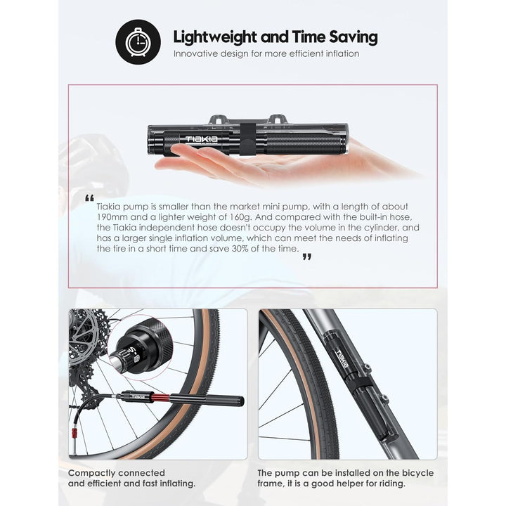 Tiakia Mini Bike Pump Portable Bicycle Pump Compact High Pressure Frame Pump 260PSI- Air Hand Pump Fit Presta, Schrader & Woods Valves,Aluminum Alloy Durable Tire Pump for Road/Mountain/BMX Bikes