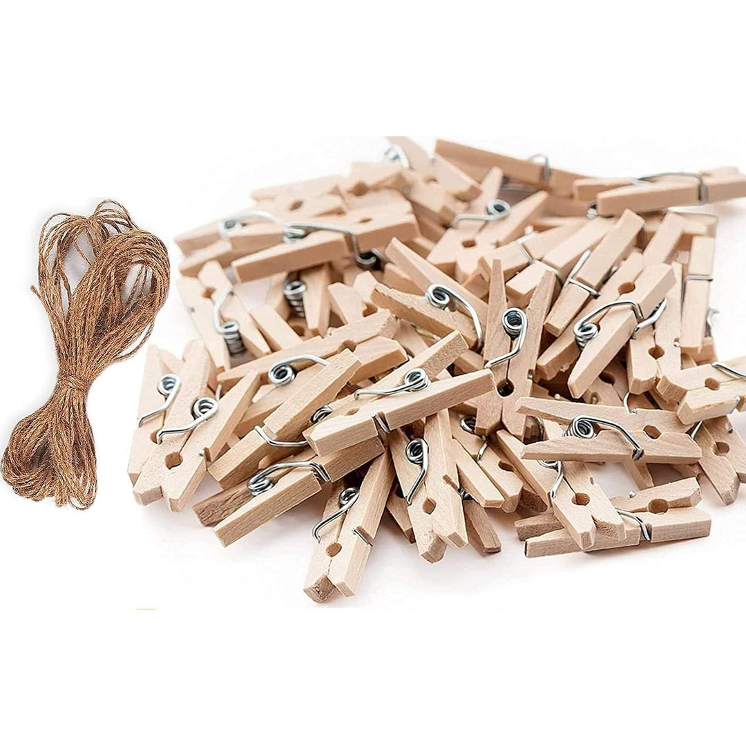 50Pcs Mini Clothespins, Natural Wooden Photo Clips, Small Wooden Clothes Pins Clip and 2 Meters Jute Twines, Tiny Wood Clamp with Spring for Peg Paper, Photo Wall, Postcard, Hanging Arts Crafts Decor