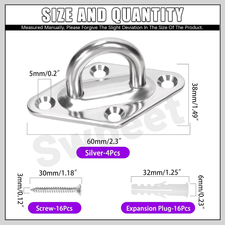 4Pcs M5 304 Stainless Steel Silver Rhombus Pad Eye Plate Hook with Screws and Plastic Anchors Assortment Kit, Marine Hardware Hooks Ceiling U Hook Staple Ring Hook for Securing Hanging