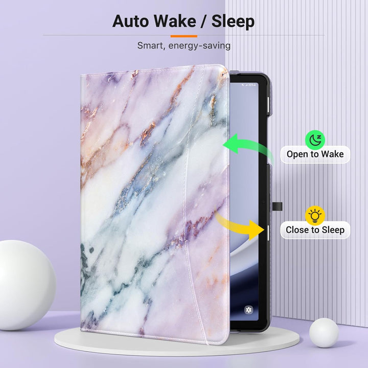 Case for Samsung Galaxy Tab A9 Plus 11" 2023 (SM-X210/SM-X216/SM-X218), PU Leather Multi-Angle Viewing Folding Stand Cover Case with Hand Strap, Front Pocket, Auto Wake/Sleep, Purple Marble