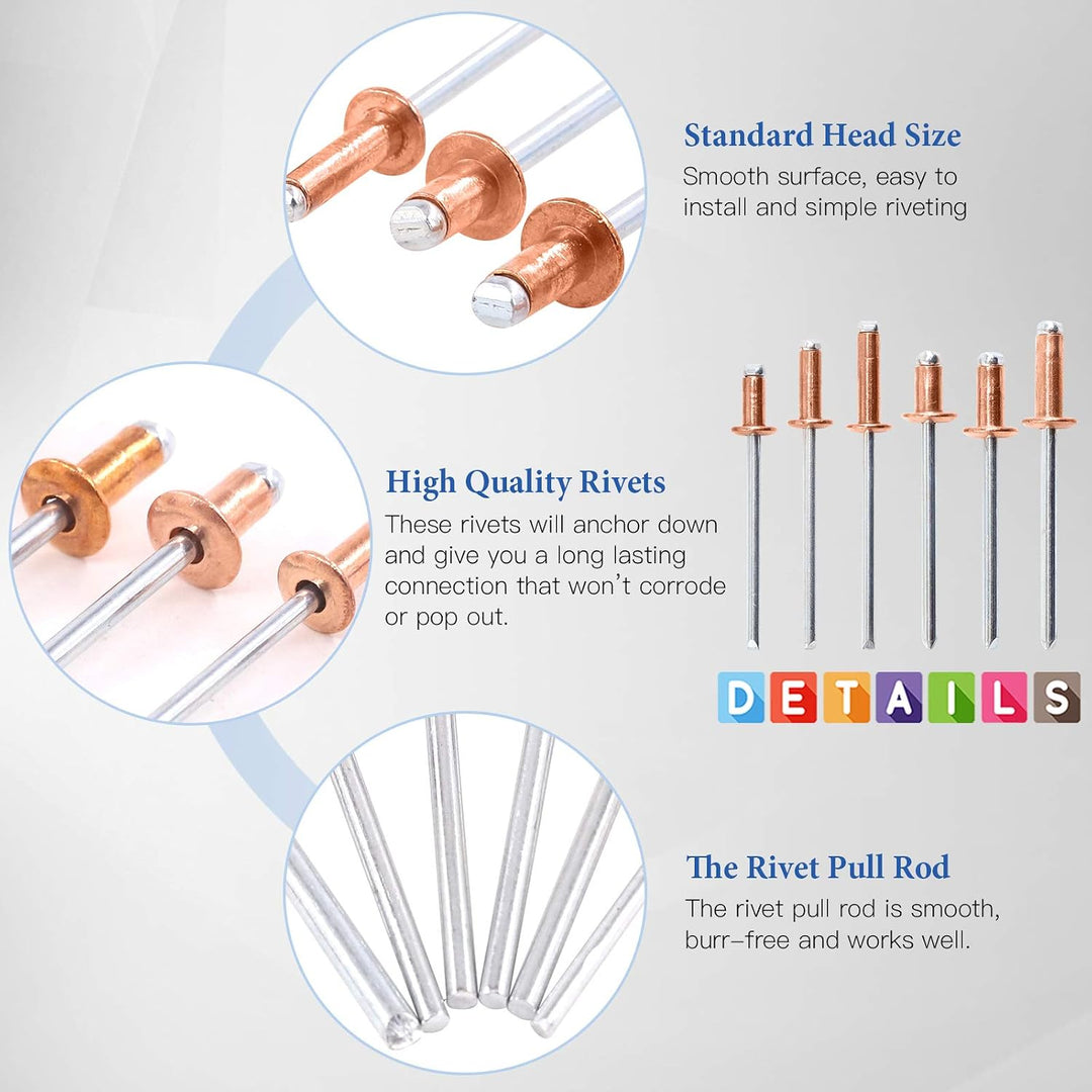 120Pcs 6 Size Red Copper Blind Rivets Pop Rivets Assortment Set for Sheet Metal, Automotive, Railway, and Furnitures