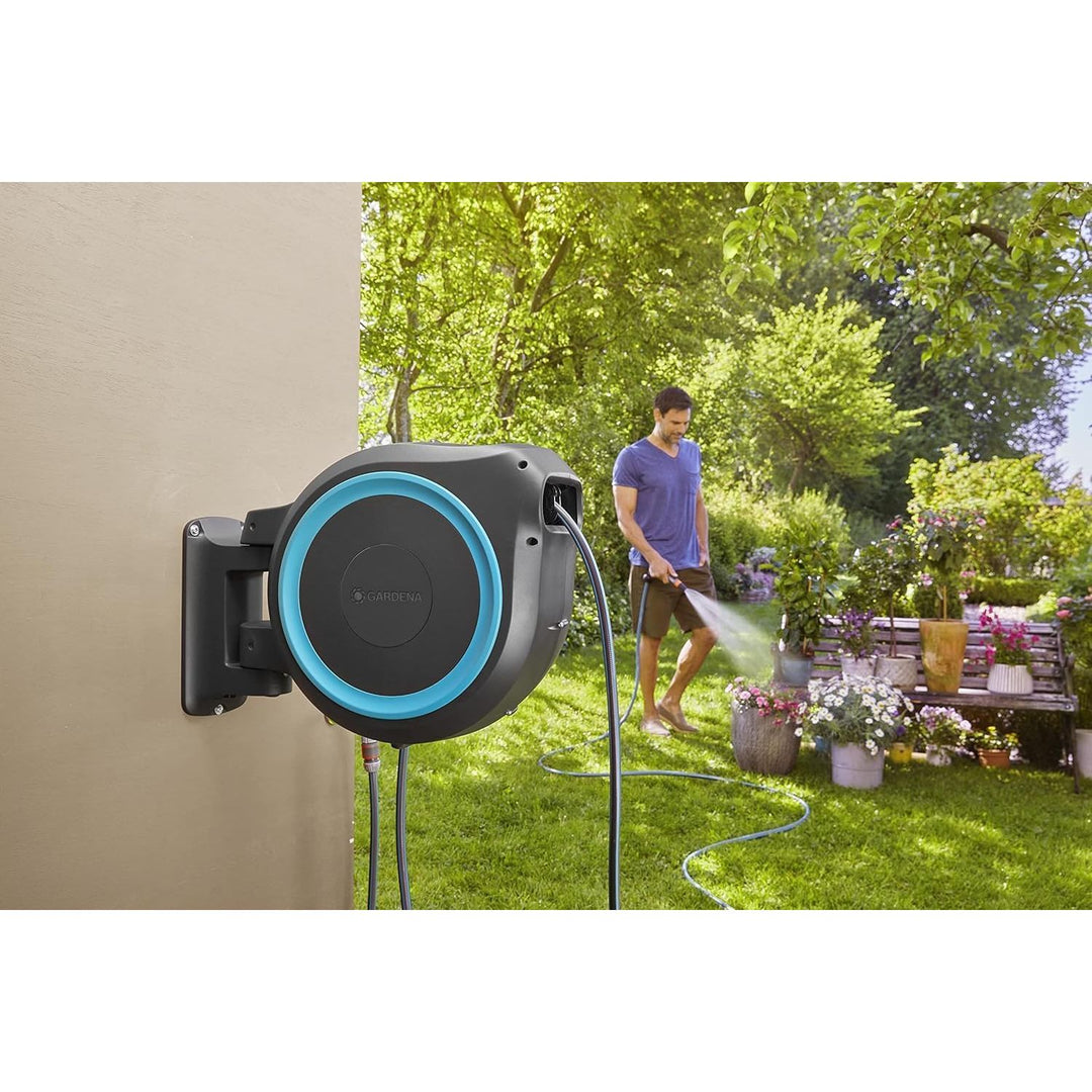 Gardena 82 Foot Wall Mounted Retractable Hose Reel With Hose, 18620