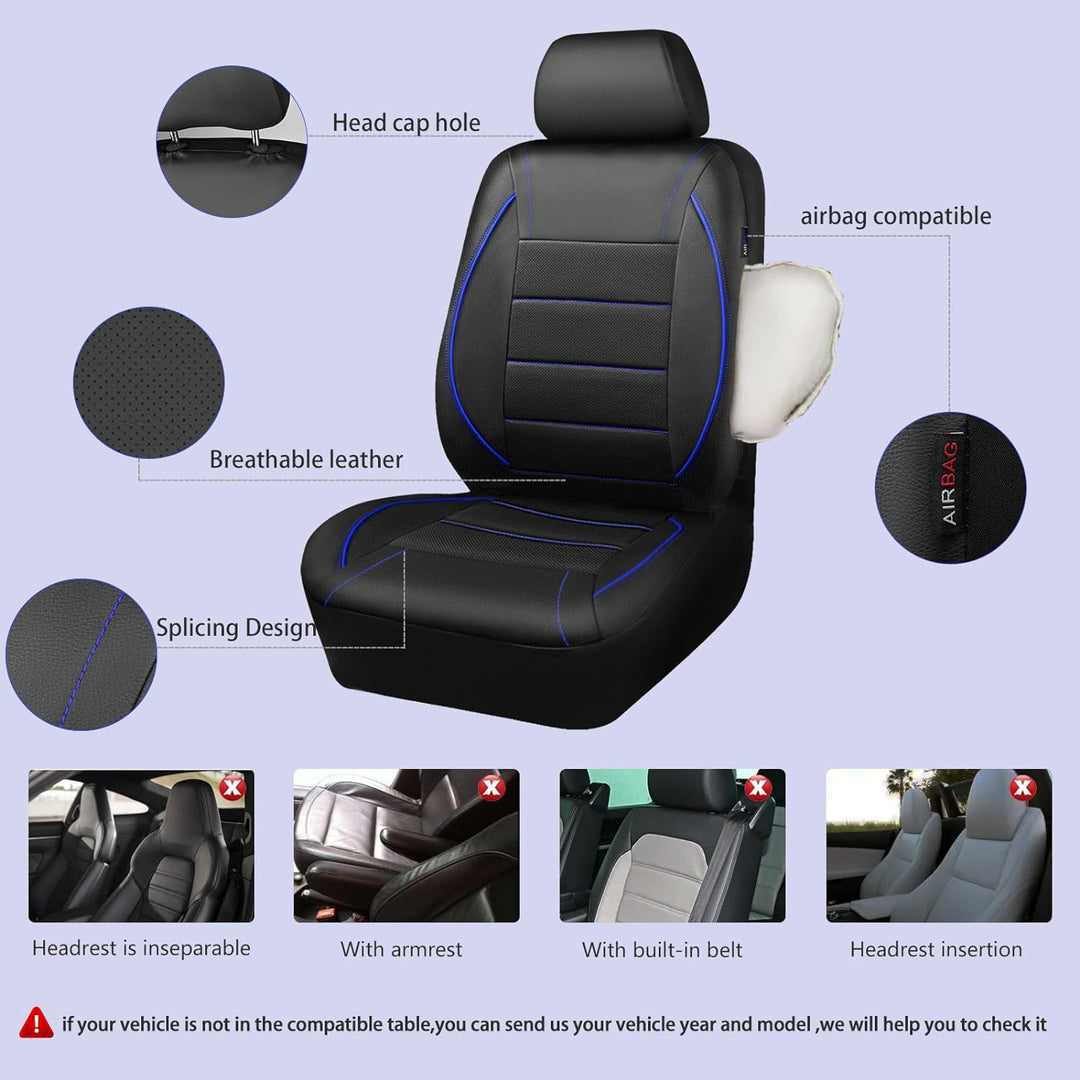 Universal FIT Piping Leather Car Seat Cover, for suvs, Van, Trucks, Airbag Compatible, Inside Zipper Design and Reserved Opening Holes (Full seat Covers, Black and Blue)