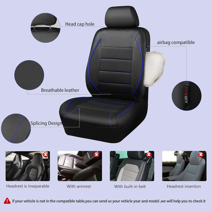 Universal FIT Piping Leather Car Seat Cover, for suvs, Van, Trucks, Airbag Compatible, Inside Zipper Design and Reserved Opening Holes (Full seat Covers, Black and Blue)