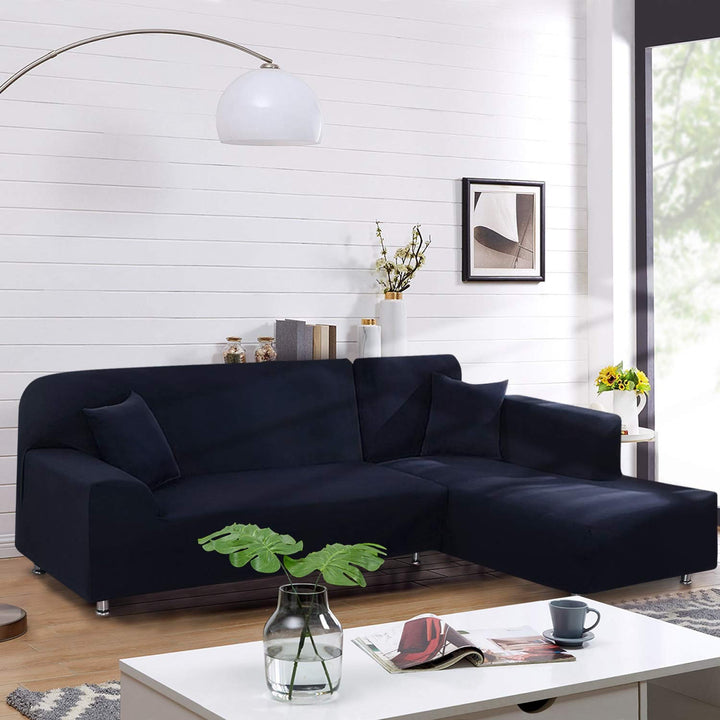 Sectional Couch Covers 2pcs L-Shaped Sofa Covers Softness Furniture Slipcovers with 2pcs Pillowcases L-Type Polyester Fabric Stretch Couch Covers 3 Seater + 3 Seater (Dark Blue)