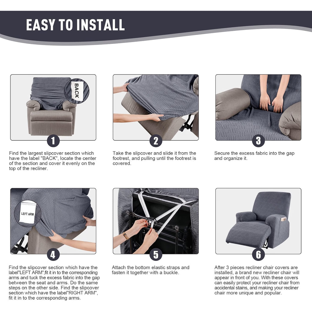 Recliner Chair Covers, Stretch Reclining Cover, Dark Gray 1 Seat Jacquard Soft Recliner Slipcovers, Washable Recliner Couch Covers, Furniture Protector Covers with Pocket for Pet Kid