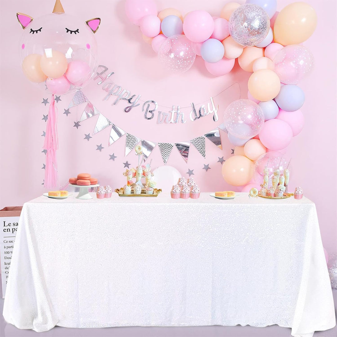 White Sequins Christmas Tablecloth 90x132 Inches Seamless Reversible Sequin Fabric Sequin Fabric for Table Overlays Wedding Birthday Family Gathering