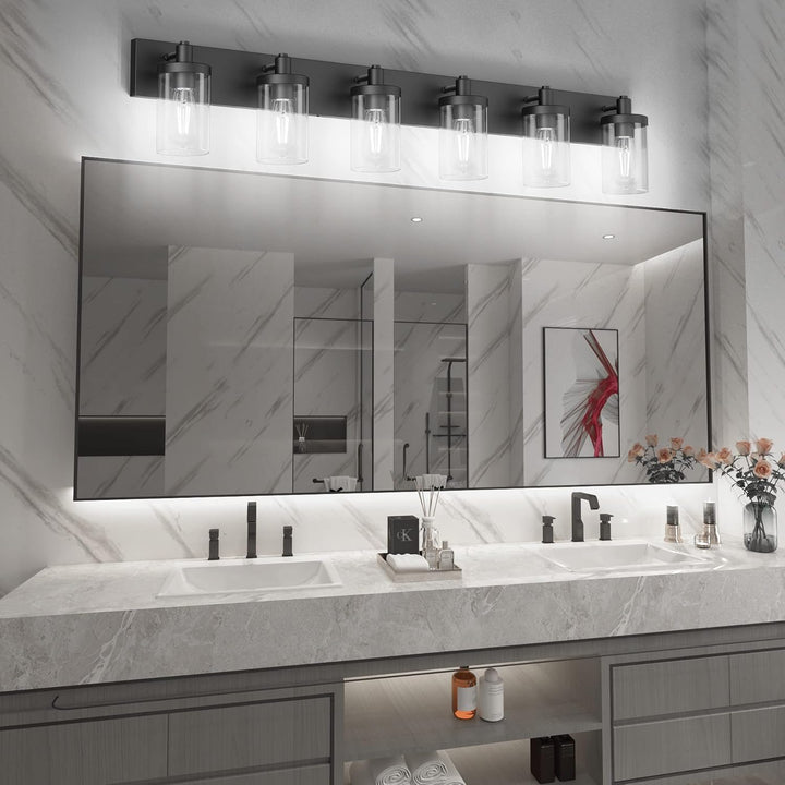 48in Vanity Light Black Bathroom Vanity Lighting Fixtures 6 Light Bathroom Light Fixtures with Clear Glass Shade(Exclude Bulb)