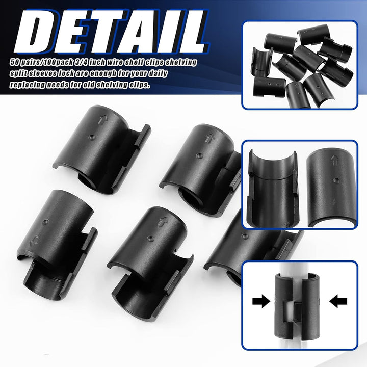 25 Pairs 50 Pack Wire Shelf Clips Wire Shelving Shelf Lock Clips for 3/4" Post - Adjustable Shelving Sleeves Replacement Clips for Wire Shelving System, Fits with Thunder Group, Alera, Metro