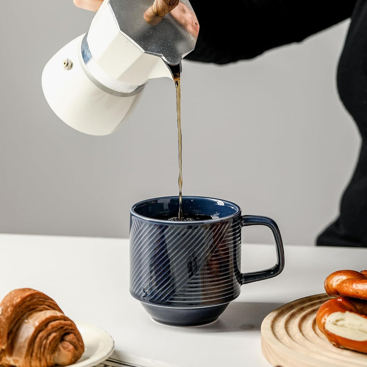 Stackable Coffee Mugs with Rack: 13 oz Stacking Ceramic Cups with Stand - Porcelain Stacked Tea Mug Set of 4 (Navy)