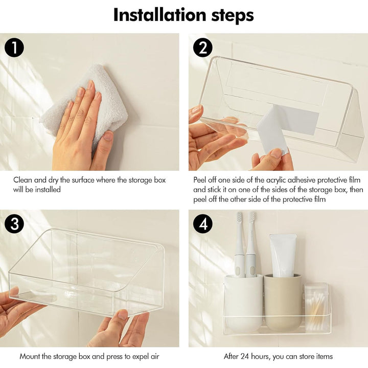 Wall Mounted Storage Organizer, No Drilling Bathroom Shelf, Clear Storage Box for Bathroom, Bedroom, Mirror Cabinets (Transparent)