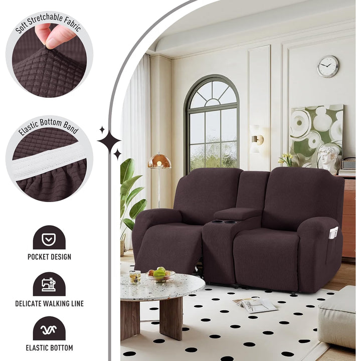 Loveseat Recliner Cover with Middle Console, Stretch Reclining Sofa Covers for 2 Seat Reclining Couch, Jacquard Pattern Soft Loveseat Couch Slipcover Furniture Protector, Chocolate