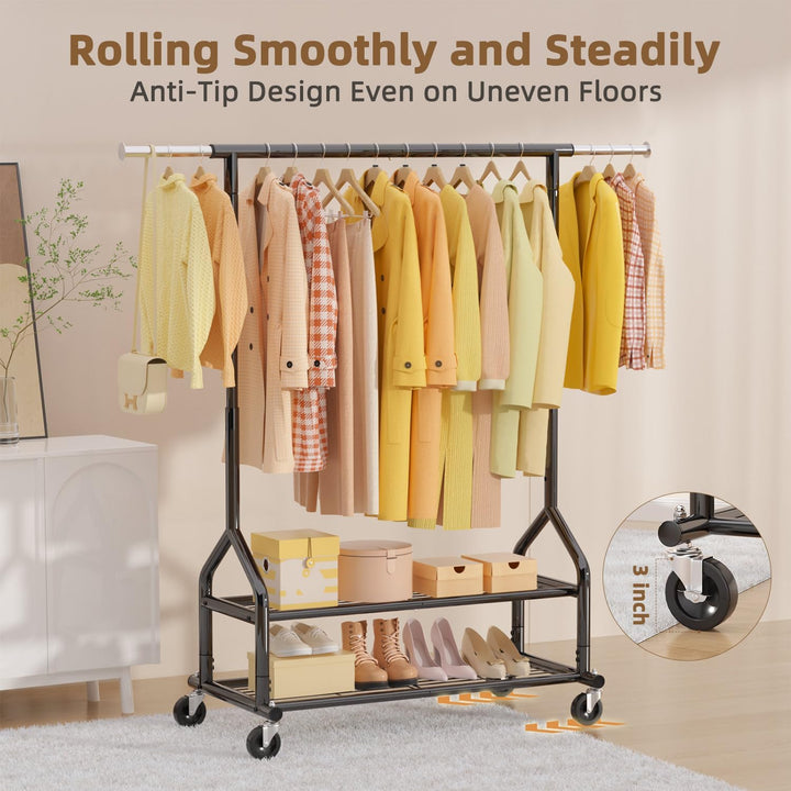 Heavy Duty Clothes Rack Load 556 LBS, Rolling Clothing Rack With Shelves, Height Adjustable Metal Clothes Hanger with Wheels Portable Wardrobe Organizer Garment Rod for Hanging Clothes (Black)