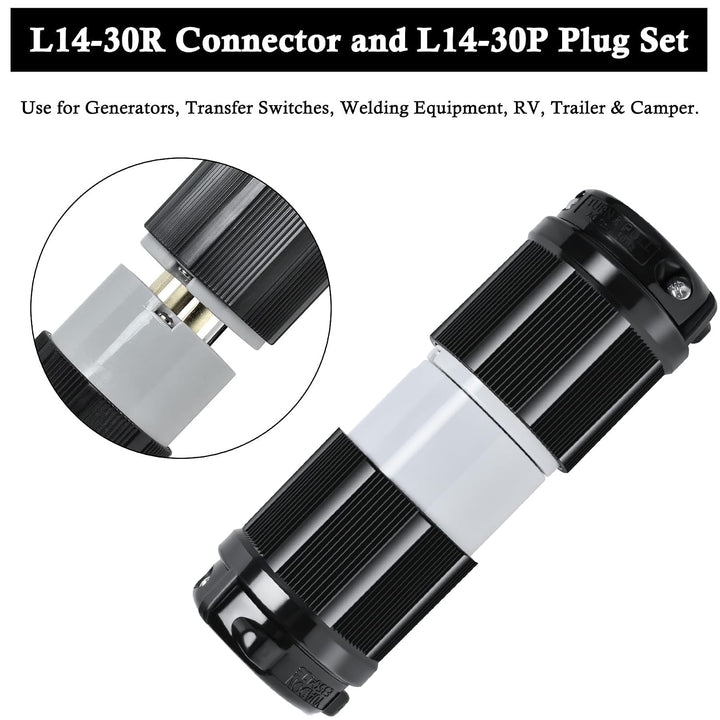 L14-30 L14-30R Locking Connector and L14-30P Female Plug Set, 30 Amp, 125/250V, 3 Pole 4 Wire, 7500W Generator Twist Locking Plug Connector