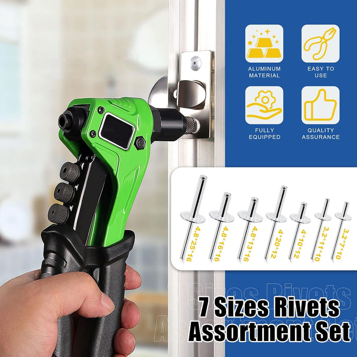 261Pcs Rivet Gun with Large Flange Pop Rivets Set 13" Heavy Duty Handle Riveter and 260Pcs 7 Sizes Aluminum Large Flange Blind Rivets Assortment Kit for Metal, Automotive, Boat