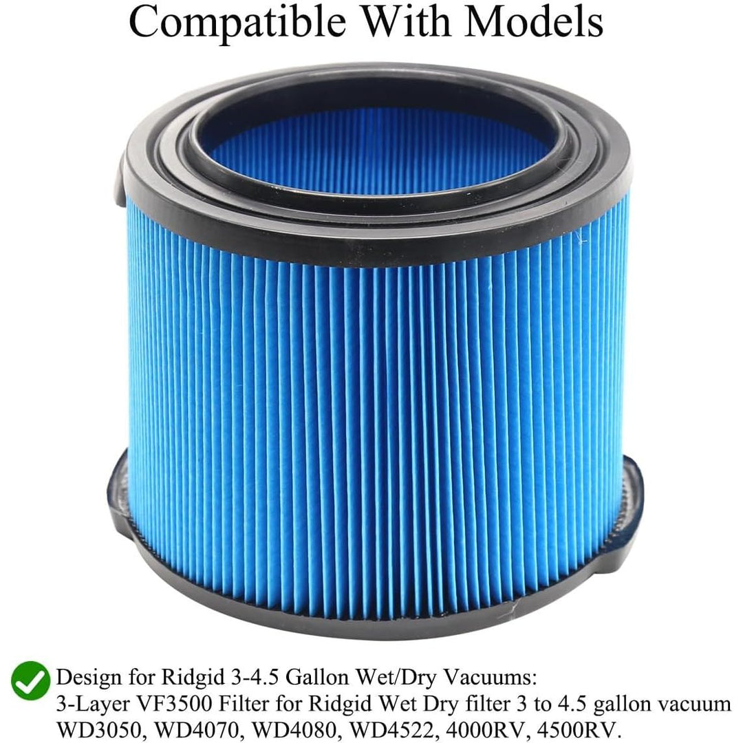 2 Pack VF3500 Replacement Filter for Ridgid Wet Dry Vac filters 3-4.5 Gallon Vacuums & 2 Pack VF3501 Filter Bags for Ridgid 3-4.5 Gallon Wet Dry Vacuums