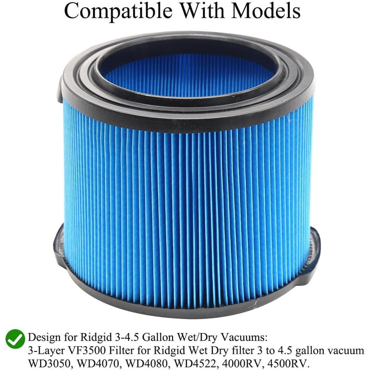 2 Pack VF3500 Replacement Filter for Ridgid Wet Dry Vac filters 3-4.5 Gallon Vacuums & 2 Pack VF3501 Filter Bags for Ridgid 3-4.5 Gallon Wet Dry Vacuums