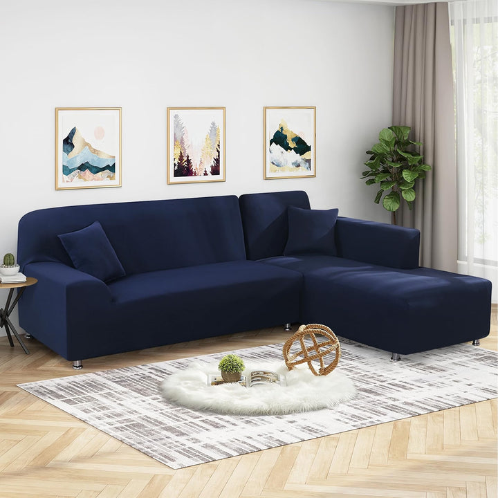 Sectional Couch Covers L Shape Sofa Covers Super Stretch 2pcs Sofa Slipcovers for 3 + 3 Seaters Sectional Chaise Slipcover with 2pcs Pillow Covers for Pets Kids, Dark Blue