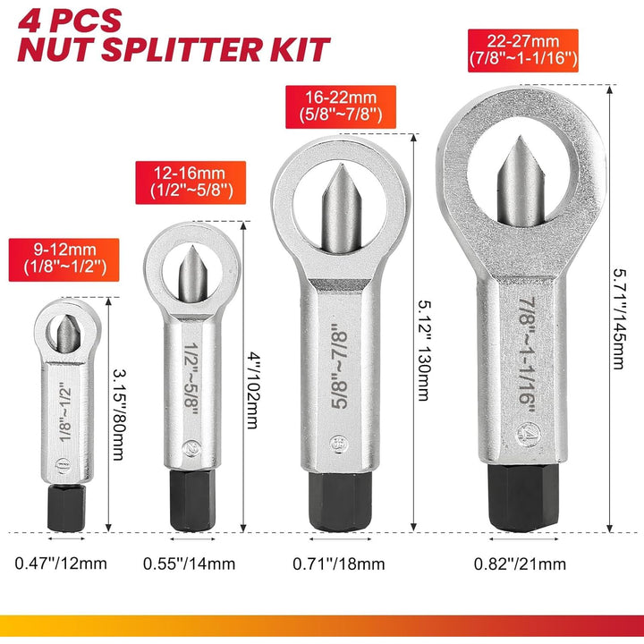 4PCS Metal Nut Splitter Set Heavy Duty Nut Splitter Kit Splitter Breaker Manual Pressure Nut Cracker Remover Extractor Tool Corroded Stuck Screw Nut Removal Splitting Tools