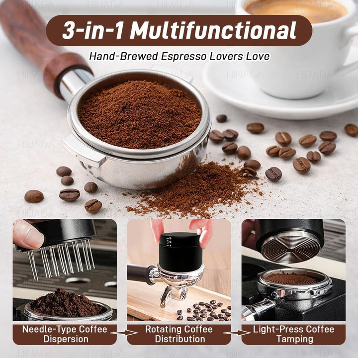 Espresso Tamper 53mm, 3-in-1 Coffee Distributor with WDT Tool, Adjustable Depth Coffee Tamper with Calibrated Spring, Professional Barista Espresso Accessories (53mm)