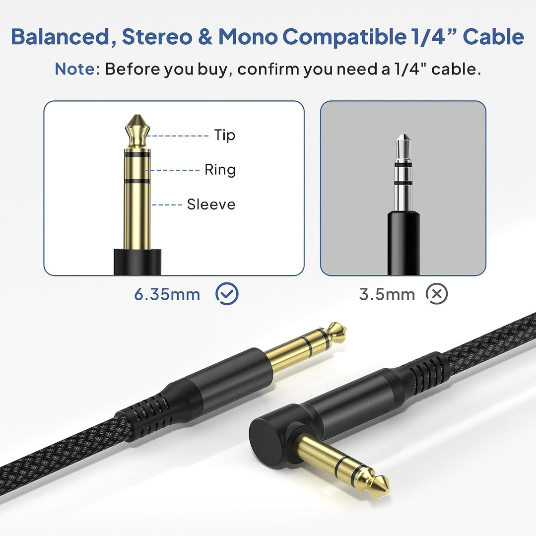 1/4 Inch TRS Instrument Cable 3.3FT 2Pack,Right-Angle to Straight 6.35mm Male Jack Stereo Audio Cord,6.35 Balanced Interconnect Line for Electric Guitar,Bass,Keyboard,Mixer,Amplifier