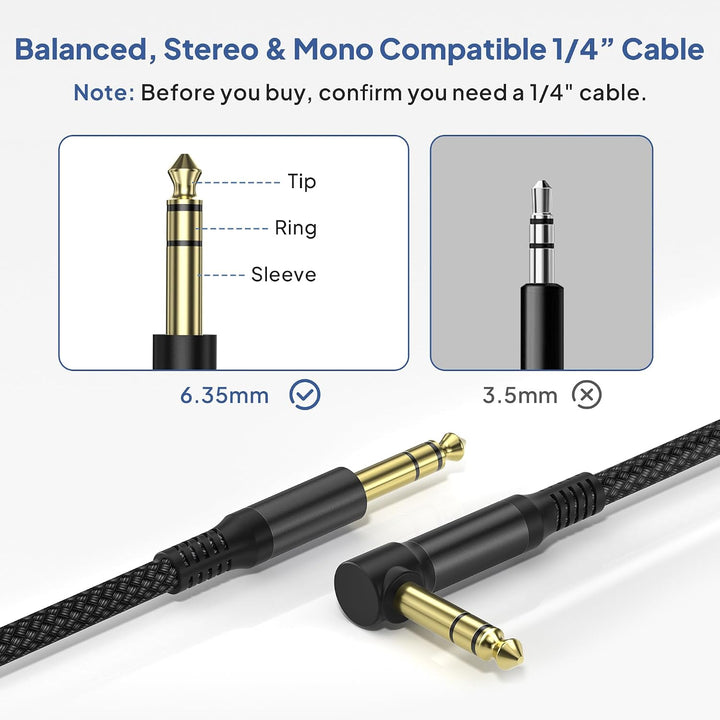 1/4 Inch TRS Instrument Cable 3.3FT 2Pack,Right-Angle to Straight 6.35mm Male Jack Stereo Audio Cord,6.35 Balanced Interconnect Line for Electric Guitar,Bass,Keyboard,Mixer,Amplifier